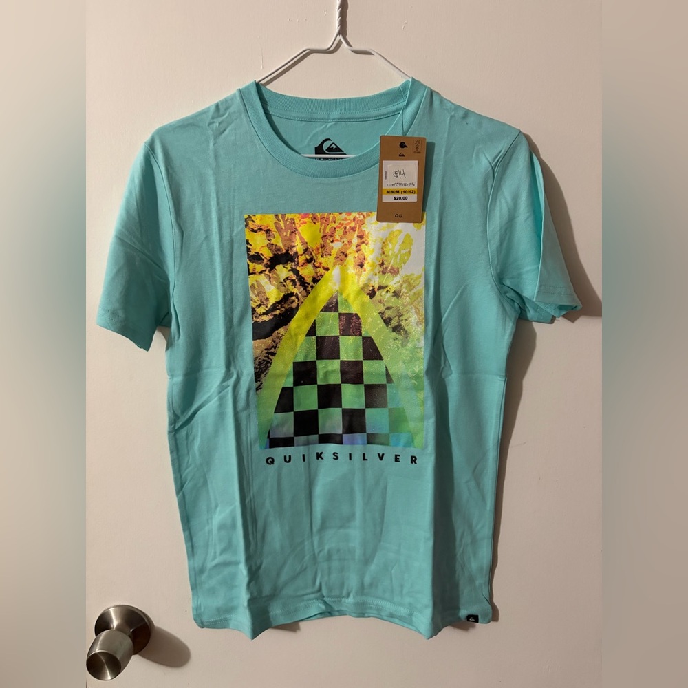 Boys Medium 10/12 Quiksilver Turquoise Checkered Graphic Tee Tote11